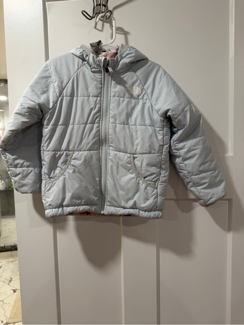 The North Face Kids Light Blue Hooded Puffer Jacket- Reversible
